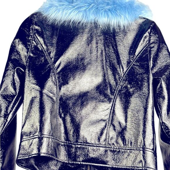 NWOT Who What Where Black Vynil Jacket With Detachable Blue faux Fur Collar. SM - Picture 7 of 7